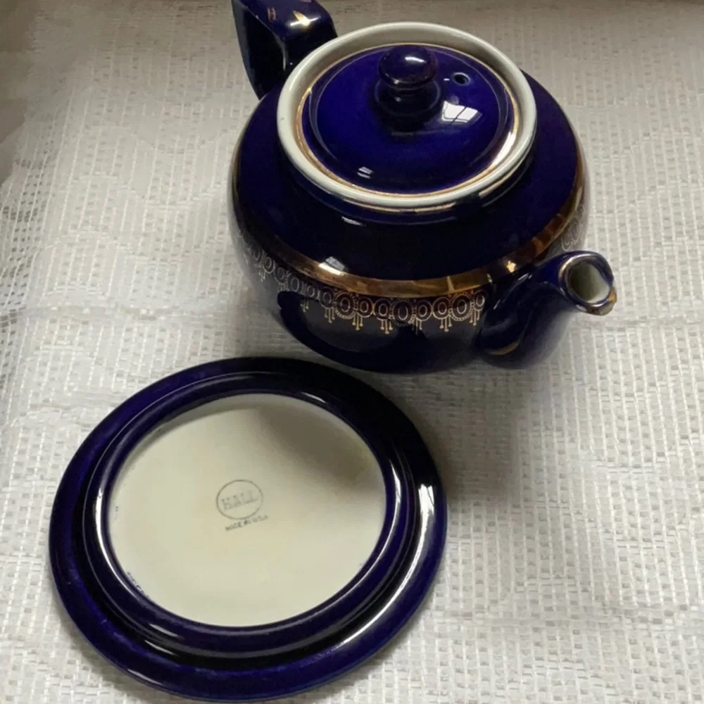 Vintage Hall’s China Cobalt and Gold Teapot and Trivet Boston